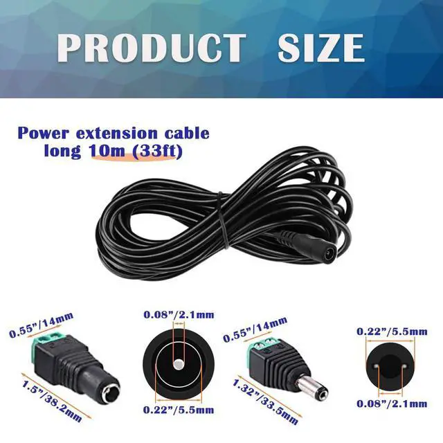 Alt view image 2 of 6 - 4PCS 33FT(10m) 12V DC Power Extension Cable with Power Jack Adapter Connectors(2 x Male + 2 x Female) 5.5mm x 2.1mm DC Power Adapter Extension Cord and Cable Wire Ends Plug HE030-4