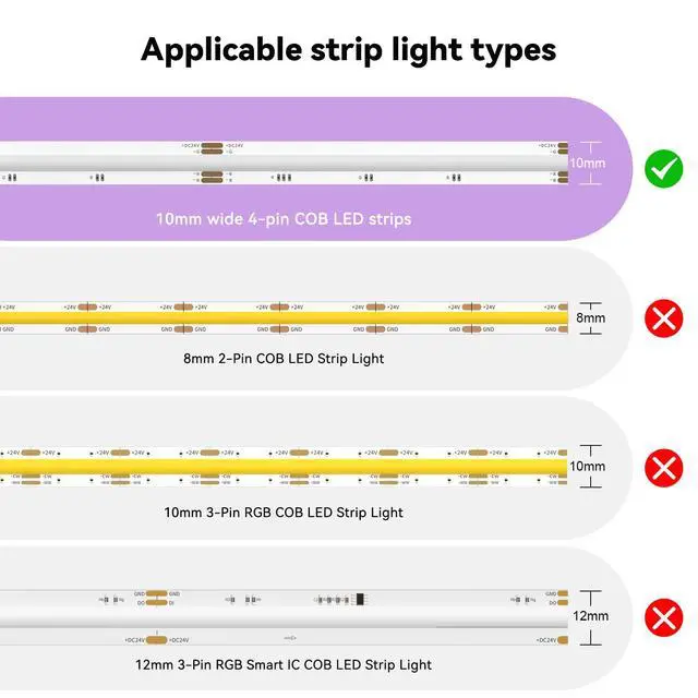 Alt view image 2 of 7 - 10mm LED Connectors Kit for 4-Pin COB LED Strip,20PCS Strip-to-Wire & 10PCS Gapless I-Shaped Solderless Transparent Connectors with 10ft Wire Extension Cable,for DIY Lighting,12V 24V 5V