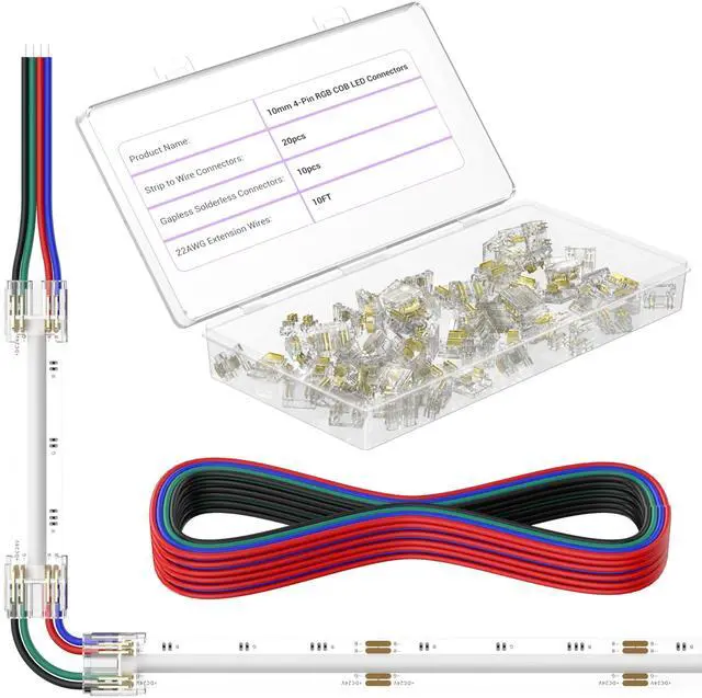Main image of 10mm LED Connectors Kit for 4-Pin COB LED Strip,20PCS Strip-to-Wire & 10PCS Gapless I-Shaped Solderless Transparent Connectors with 10ft Wire Extension Cable,for DIY Lighting,12V 24V 5V