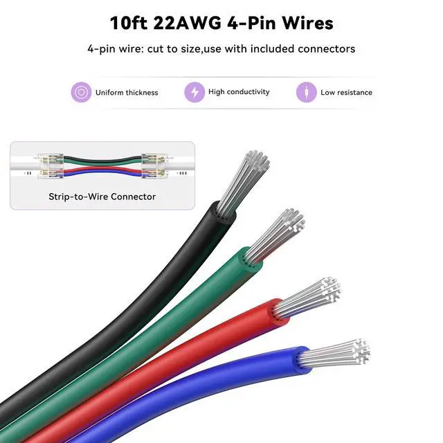 Alt view image 6 of 7 - 10mm LED Connectors Kit for 4-Pin COB LED Strip,20PCS Strip-to-Wire & 10PCS Gapless I-Shaped Solderless Transparent Connectors with 10ft Wire Extension Cable,for DIY Lighting,12V 24V 5V