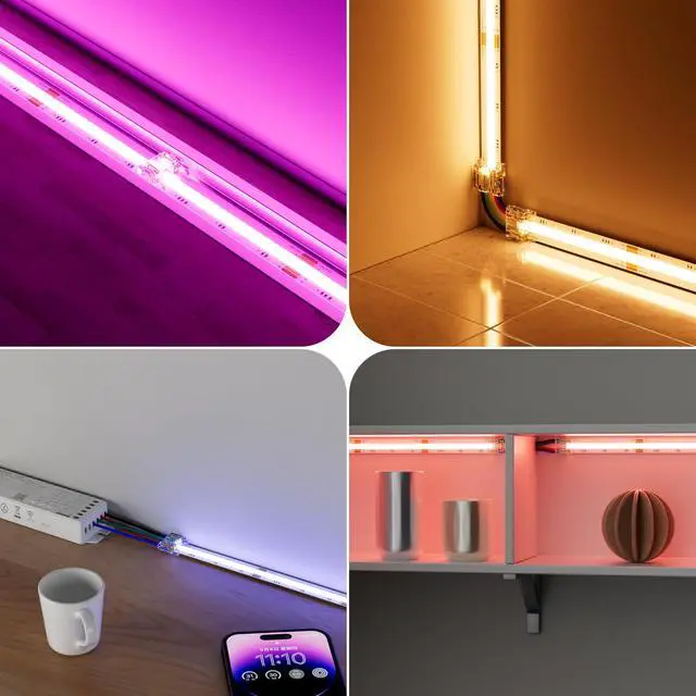 Alt view image 7 of 7 - 10mm LED Connectors Kit for 4-Pin COB LED Strip,20PCS Strip-to-Wire & 10PCS Gapless I-Shaped Solderless Transparent Connectors with 10ft Wire Extension Cable,for DIY Lighting,12V 24V 5V