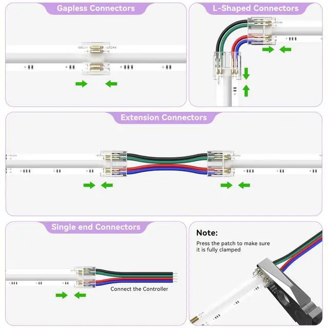 Alt view image 4 of 7 - 10mm LED Connectors Kit for 4-Pin COB LED Strip,20PCS Strip-to-Wire & 10PCS Gapless I-Shaped Solderless Transparent Connectors with 10ft Wire Extension Cable,for DIY Lighting,12V 24V 5V
