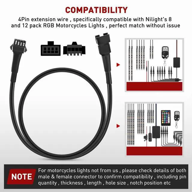 Alt view image 5 of 7 - Extension Cable for Motorcycle LED Strip Lights | 1PCS 2 Feet Cords and 3PCS Y 2 Way Splitter 4PIN Flat Cord Extend Underglow Neon Accent Light Strips