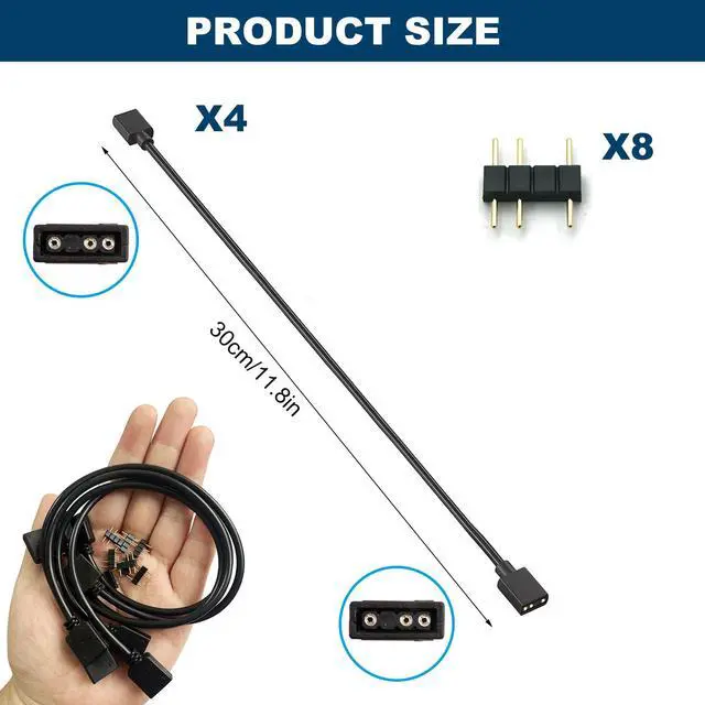 Alt view image 5 of 7 - 4 Pcs 3Pin 5V ARGB Extension Cable Set, 8 Male Connectors, Black