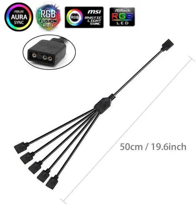 Alt view image 3 of 7 - 1-to-5 ARGB Splitter, 19.6in 50cm Extension Cable, 5V 3 Pin Addressable RGB for Computer Chassis CPU Cooler and 5V Fan (2 Pack)