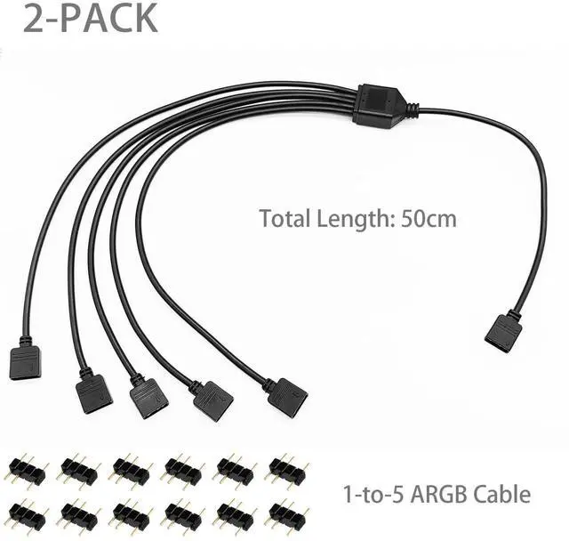 Alt view image 2 of 7 - 1-to-5 ARGB Splitter, 19.6in 50cm Extension Cable, 5V 3 Pin Addressable RGB for Computer Chassis CPU Cooler and 5V Fan (2 Pack)