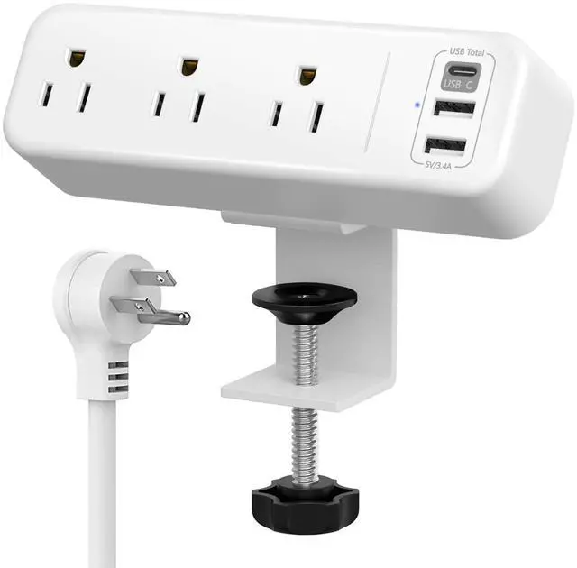Main image of Desk Clamp Power Strip with USB C, 3 Outlets Desktop Mount Power Station with 6.5 ft Plug Extension Cord, White