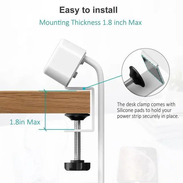 Alt view image 5 of 7 - Desk Clamp Power Strip with USB C, 3 Outlets Desktop Mount Power Station with 6.5 ft Plug Extension Cord, White