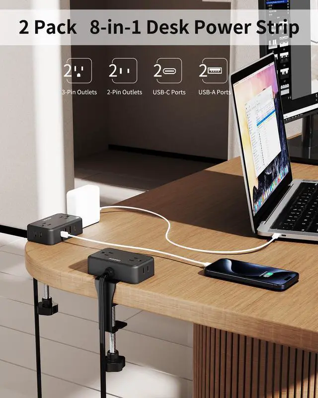 Alt view image 2 of 7 - Desk Clamp Power Strip with 4 Outlets & 4USB, 10FT Extension Cord for Home