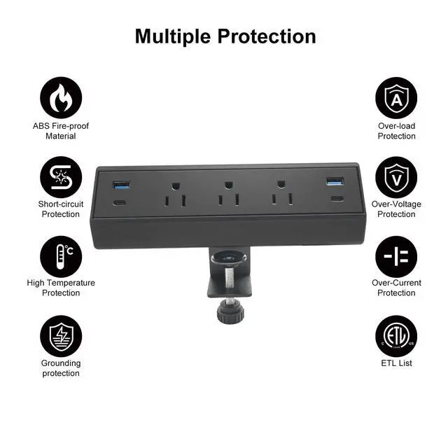 Alt view image 4 of 7 - Desk Clamp Power Strip with USB C 40W Fast Charge 4 USB Ports 3 AC Outlets (Black)