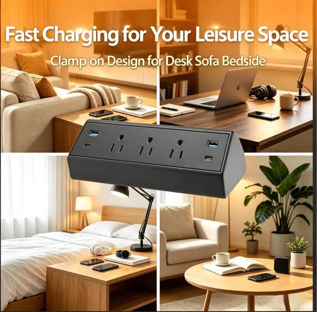 Alt view image 7 of 7 - Desk Clamp Power Strip with USB C 40W Fast Charge 4 USB Ports 3 AC Outlets (Black)