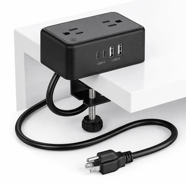 Main image of Desk Clamp Power Strip with USB C, 8-in-1 Desktop Mount Surge Protector, 4 AC Outlets, 2 USB-A, 2 USB-C (20W), Clamp On Desk Outlet with 6.6FT Flat Plug for Home Office