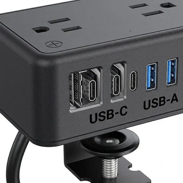Alt view image 4 of 7 - Desk Clamp Power Strip with USB C, 8-in-1 Desktop Mount Surge Protector, 4 AC Outlets, 2 USB-A, 2 USB-C (20W), Clamp On Desk Outlet with 6.6FT Flat Plug for Home Office