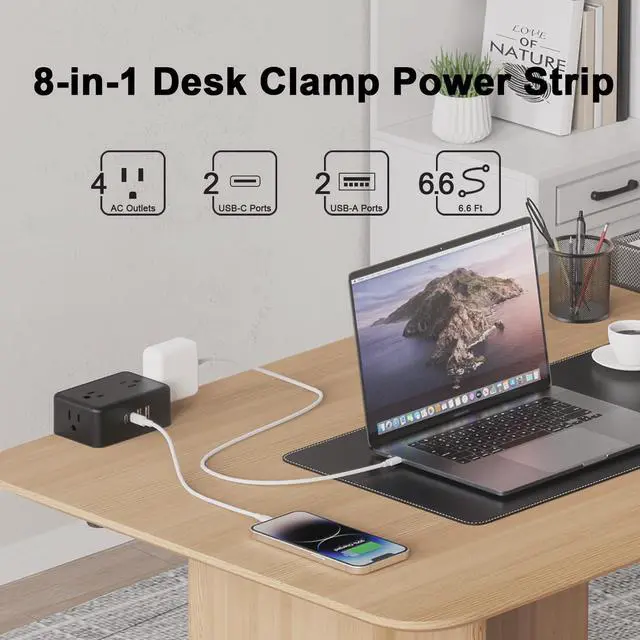 Alt view image 5 of 7 - Desk Clamp Power Strip with USB C, 8-in-1 Desktop Mount Surge Protector, 4 AC Outlets, 2 USB-A, 2 USB-C (20W), Clamp On Desk Outlet with 6.6FT Flat Plug for Home Office