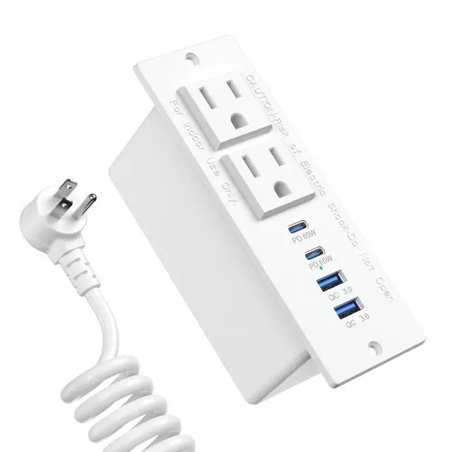 Alt view image 7 of 7 - Recessed Power Strip USB C 65W Fast Charging Station,in Drawer Outlet,Furniture Flush Mount for Desktop,Workspace Essential Desk Outlet (White, 10FT)