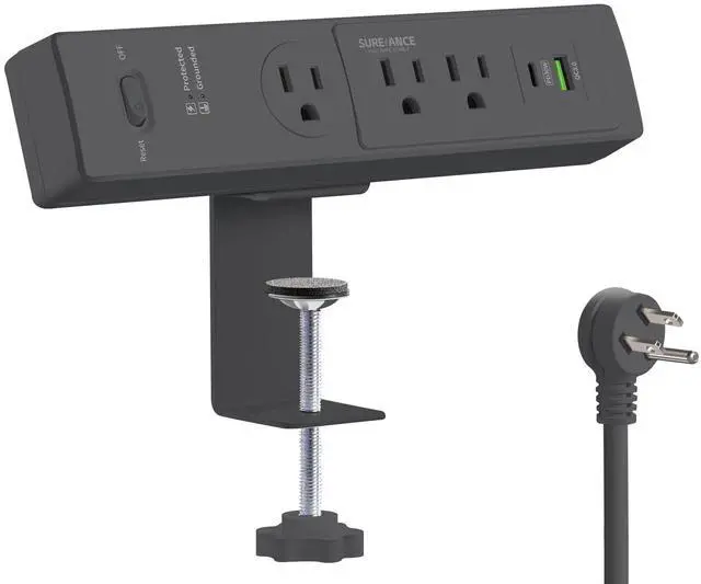 Main image of 50W Desk Clamp Power Strip with USB-C 30W PD, Desktop Electrical Outlet Extender, Fits Max 2.5" Table Edge, 980J Surge Protector, 20W USB A, 6FT Extension Cord, Fast Charging Station (Black)