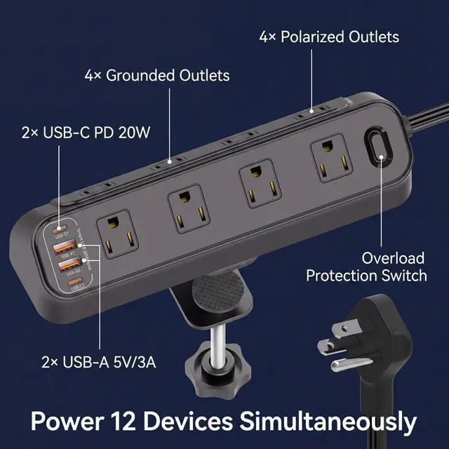 Alt view image 3 of 7 - Desk Clamp Power Strip with USB, 8 AC Outlets 4 USB Ports (2 USB-C PD 20W Fast Charge 2 USB-A), Desktop Mountable Charging Station with Overload Protection Switch, 13A 125V 1650W, for Home Office Dorm