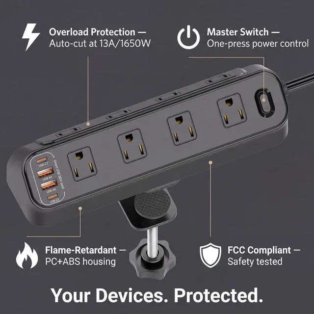 Alt view image 6 of 7 - Desk Clamp Power Strip with USB, 8 AC Outlets 4 USB Ports (2 USB-C PD 20W Fast Charge 2 USB-A), Desktop Mountable Charging Station with Overload Protection Switch, 13A 125V 1650W, for Home Office Dorm