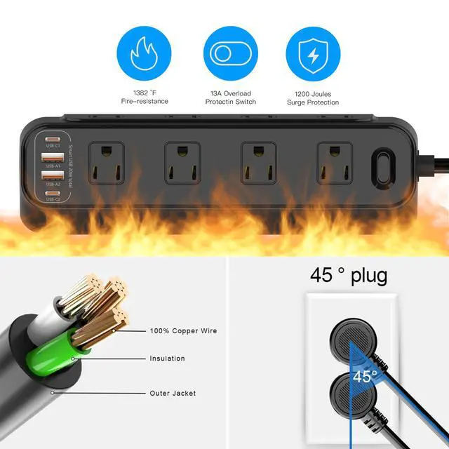 Alt view image 7 of 7 - Desk Clamp Power Strip with USB, 8 AC Outlets 4 USB Ports (2 USB-C PD 20W Fast Charge 2 USB-A), Desktop Mountable Charging Station with Overload Protection Switch, 13A 125V 1650W, for Home Office Dorm