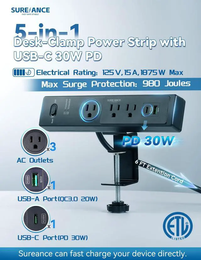Alt view image 2 of 6 - 50W Desk Clamp Power Strip with USB-C 30W PD, Desktop Electrical Outlet Extender, Fits Max 2.5" Table Edge, 980J Surge Protector, 20W USB A, 6FT Extension Cord, Fast Charging Station (Black)