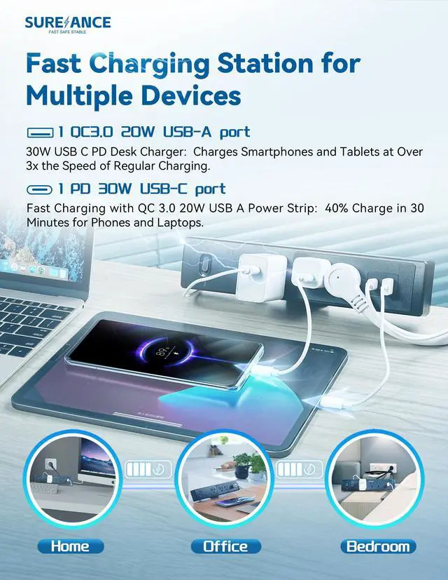 Alt view image 3 of 6 - 50W Desk Clamp Power Strip with USB-C 30W PD, Desktop Electrical Outlet Extender, Fits Max 2.5" Table Edge, 980J Surge Protector, 20W USB A, 6FT Extension Cord, Fast Charging Station (Black)
