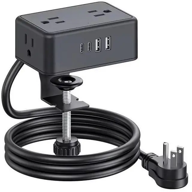 Main image of 8-in-1 Desk Clamp Power Strip desktop mount with 4 AC Outlets, 2 USB-A & 2 USB-C (20W), ETL Certified, 6.6FT Flat Plug, Space-Saving Clamp-On Desk Outlet for Home, Office, Dorm, Conference Table