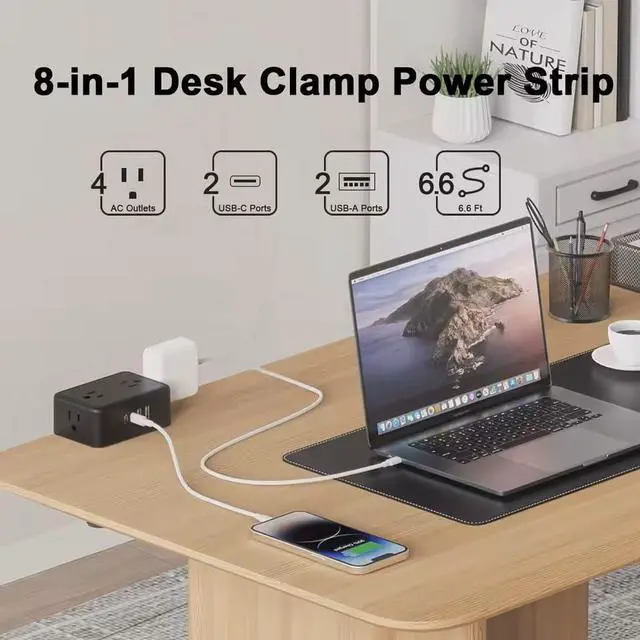 Alt view image 3 of 7 - 8-in-1 Desk Clamp Power Strip desktop mount with 4 AC Outlets, 2 USB-A & 2 USB-C (20W), ETL Certified, 6.6FT Flat Plug, Space-Saving Clamp-On Desk Outlet for Home, Office, Dorm, Conference Table