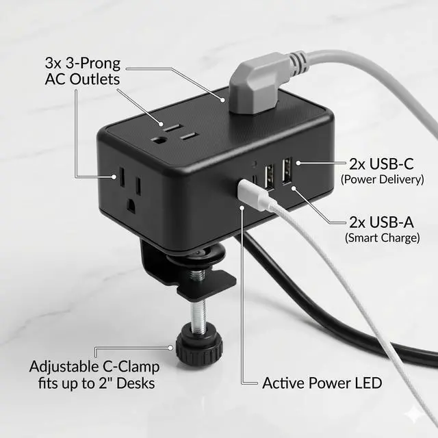 Alt view image 5 of 7 - 8-in-1 Desk Clamp Power Strip desktop mount with 4 AC Outlets, 2 USB-A & 2 USB-C (20W), ETL Certified, 6.6FT Flat Plug, Space-Saving Clamp-On Desk Outlet for Home, Office, Dorm, Conference Table