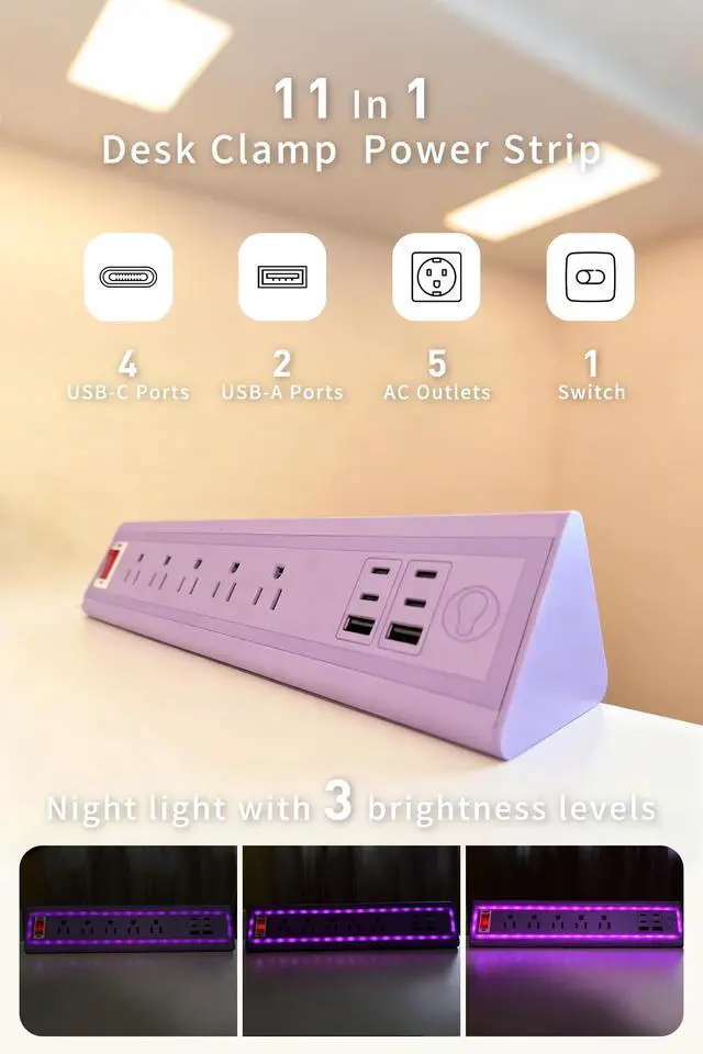Alt view image 2 of 7 - Desk Clamp Power Strip with Nightlight, 40W Fast Charging, 6FT Extension Cord, 4x20W USB-C & 2 USB Ports, 5 AC Outlets, Fits 1.69-Inch Table Edges