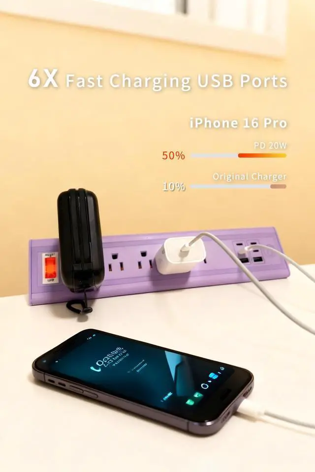 Alt view image 4 of 7 - Desk Clamp Power Strip with Nightlight, 40W Fast Charging, 6FT Extension Cord, 4x20W USB-C & 2 USB Ports, 5 AC Outlets, Fits 1.69-Inch Table Edges