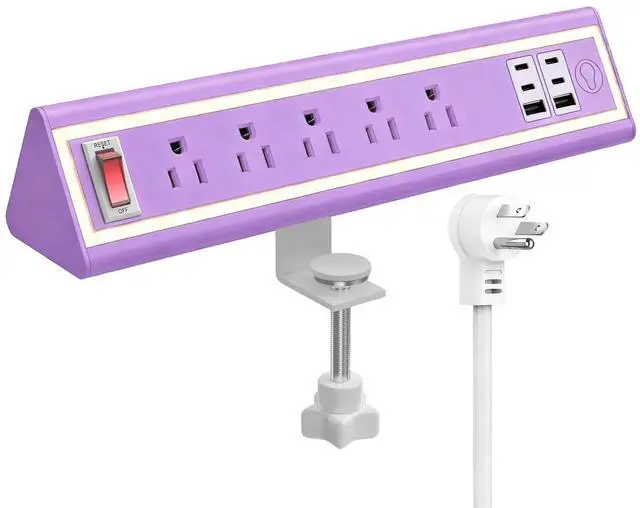 Main image of Desk Clamp Power Strip with Nightlight, 40W Fast Charging, 6FT Extension Cord, 4x20W USB-C & 2 USB Ports, 5 AC Outlets, Fits 1.69-Inch Table Edges