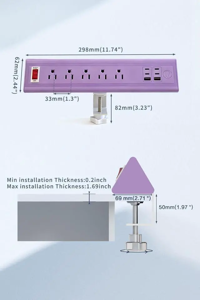 Alt view image 7 of 7 - Desk Clamp Power Strip with Nightlight, 40W Fast Charging, 6FT Extension Cord, 4x20W USB-C & 2 USB Ports, 5 AC Outlets, Fits 1.69-Inch Table Edges