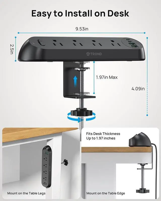 Alt view image 3 of 7 - Desk Clamp Power Strip USB C PD 20W, Flat Plug 6ft, 1700J, ETL Listed