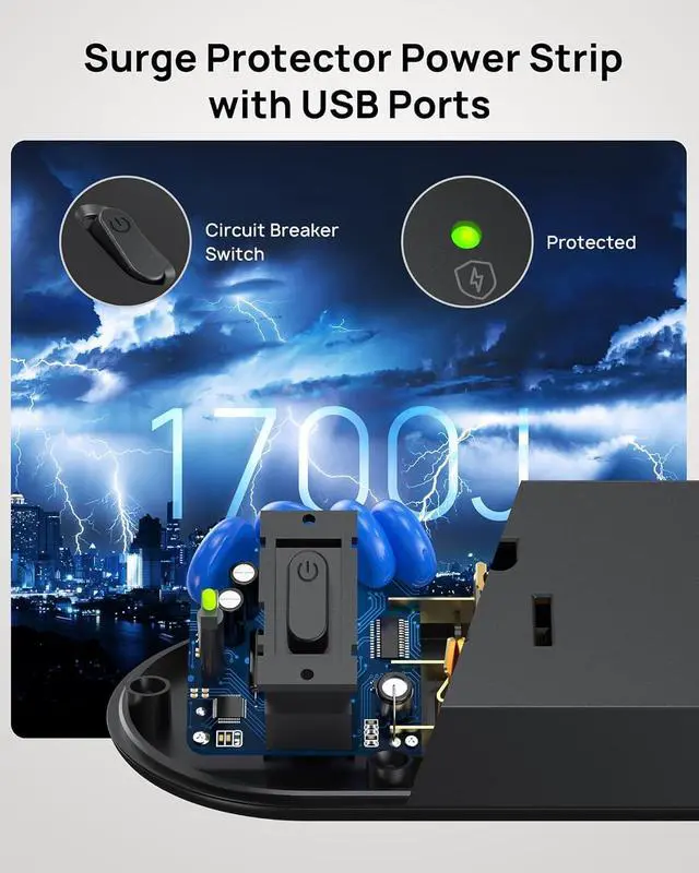 Alt view image 6 of 7 - Desk Clamp Power Strip USB C PD 20W, Flat Plug 6ft, 1700J, ETL Listed