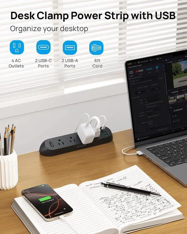 Alt view image 2 of 7 - Desk Clamp Power Strip USB C PD 20W, Flat Plug 6ft, 1700J, ETL Listed