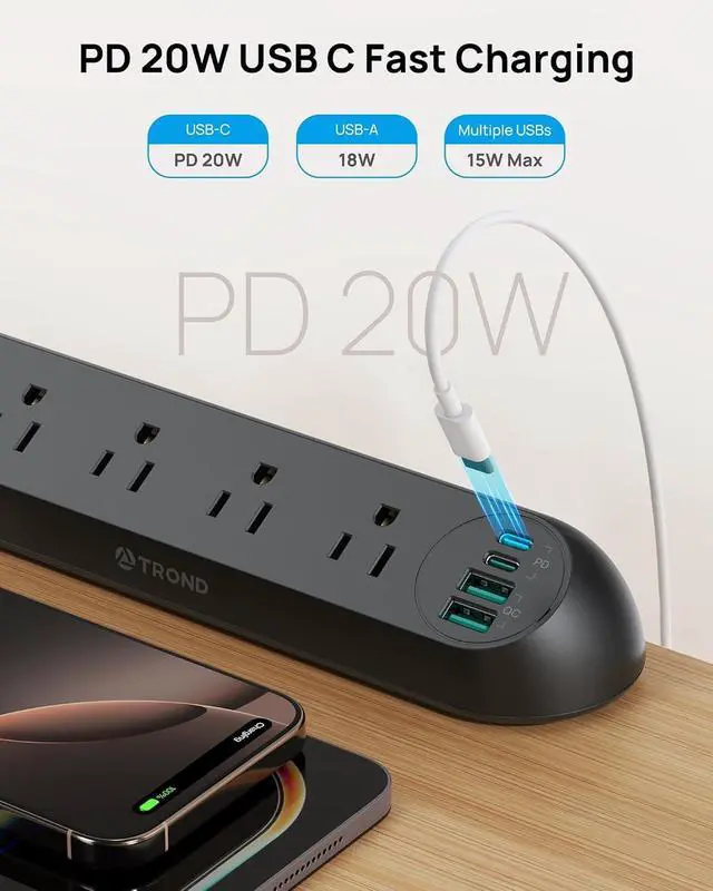 Alt view image 4 of 7 - Desk Clamp Power Strip USB C PD 20W, Flat Plug 6ft, 1700J, ETL Listed