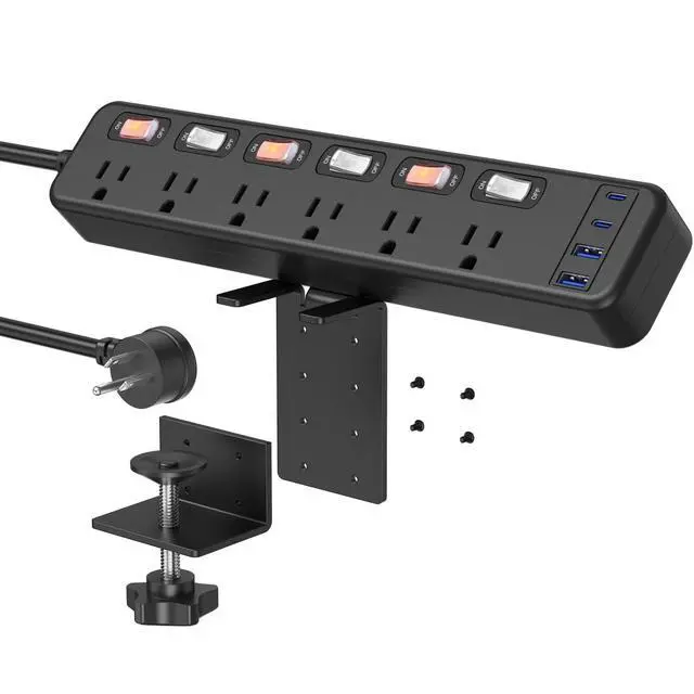 Main image of Desk Clamp Power Strip with 20W 4 USB, 6 Individual Switches, 6 FT