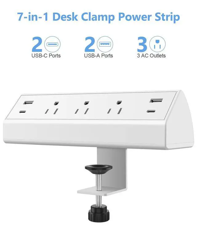 Alt view image 2 of 6 - Desk Clamp Power Strip,40W Total Fast Charging Station,2 PD 20W USB C Ports,Desk Edge Mount Surge Protector for Home, Office,3 Outlets,Fit 1.96" Tabletop Edge,ETL Listed,White