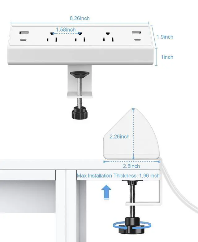 Alt view image 5 of 6 - Desk Clamp Power Strip,40W Total Fast Charging Station,2 PD 20W USB C Ports,Desk Edge Mount Surge Protector for Home, Office,3 Outlets,Fit 1.96" Tabletop Edge,ETL Listed,White