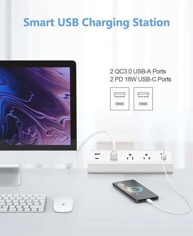 Alt view image 3 of 6 - Desk Clamp Power Strip,40W Total Fast Charging Station,2 PD 20W USB C Ports,Desk Edge Mount Surge Protector for Home, Office,3 Outlets,Fit 1.96" Tabletop Edge,ETL Listed,White