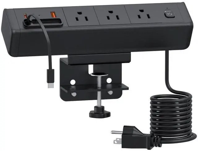 Main image of Desk Clamp Power Strip Built-In1 Retractable USB C Cables, USB Ports Black