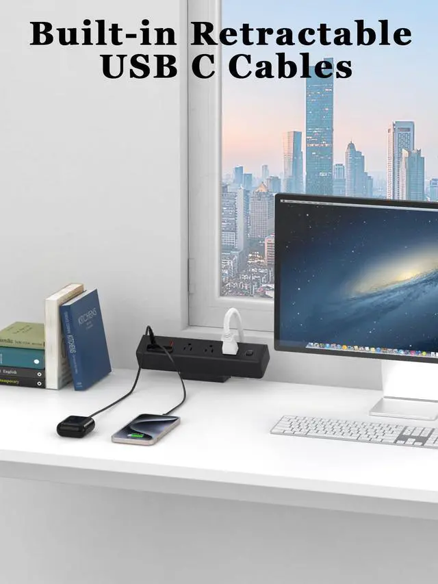 Alt view image 2 of 7 - Desk Clamp Power Strip Built-In1 Retractable USB C Cables, USB Ports Black