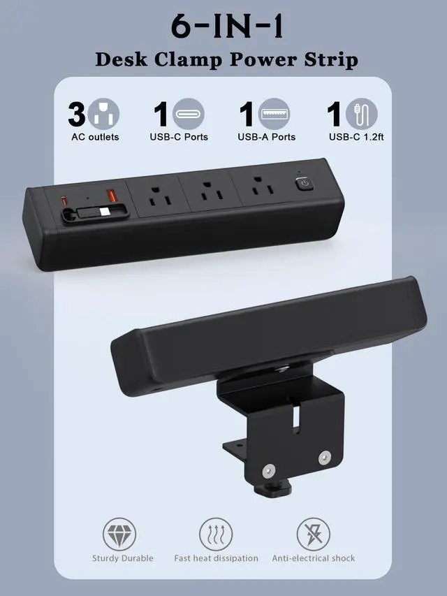 Alt view image 3 of 7 - Desk Clamp Power Strip Built-In1 Retractable USB C Cables, USB Ports Black