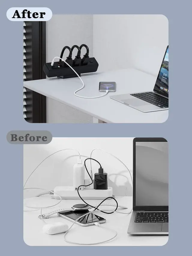 Alt view image 6 of 7 - Desk Clamp Power Strip Built-In1 Retractable USB C Cables, USB Ports Black