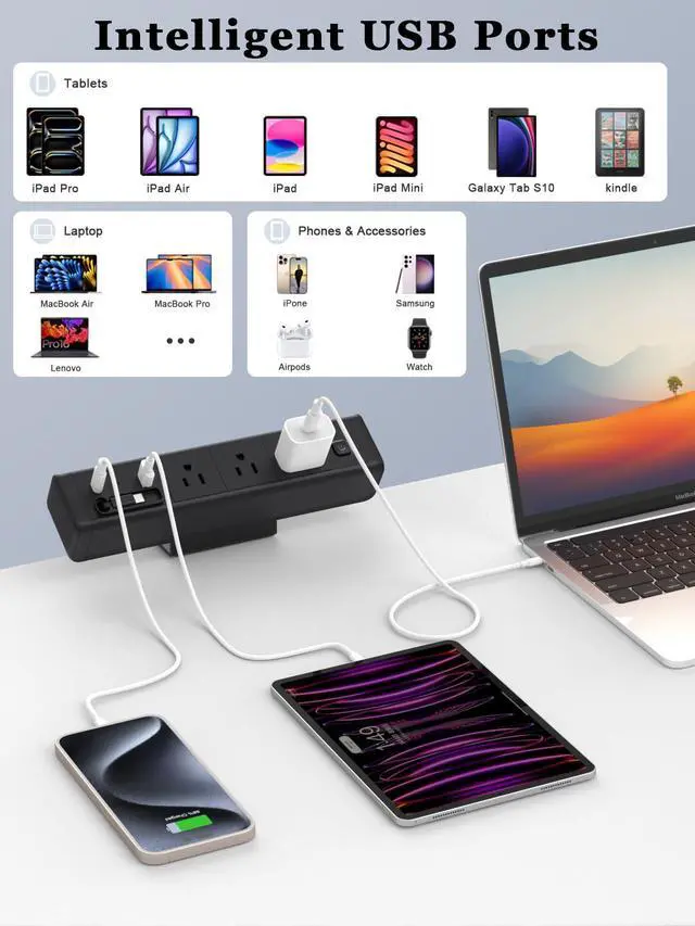 Alt view image 7 of 7 - Desk Clamp Power Strip Built-In1 Retractable USB C Cables, USB Ports Black