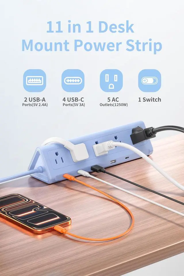 Alt view image 2 of 7 - Blue Desk Clamp Power Strip with 6.5 FT Extension Cord, PD 40W USB-C Fast Charging Ports, 5 AC Outlets 4 USB-C 2 USB-A, Fits 2.1 inch Table Edges
