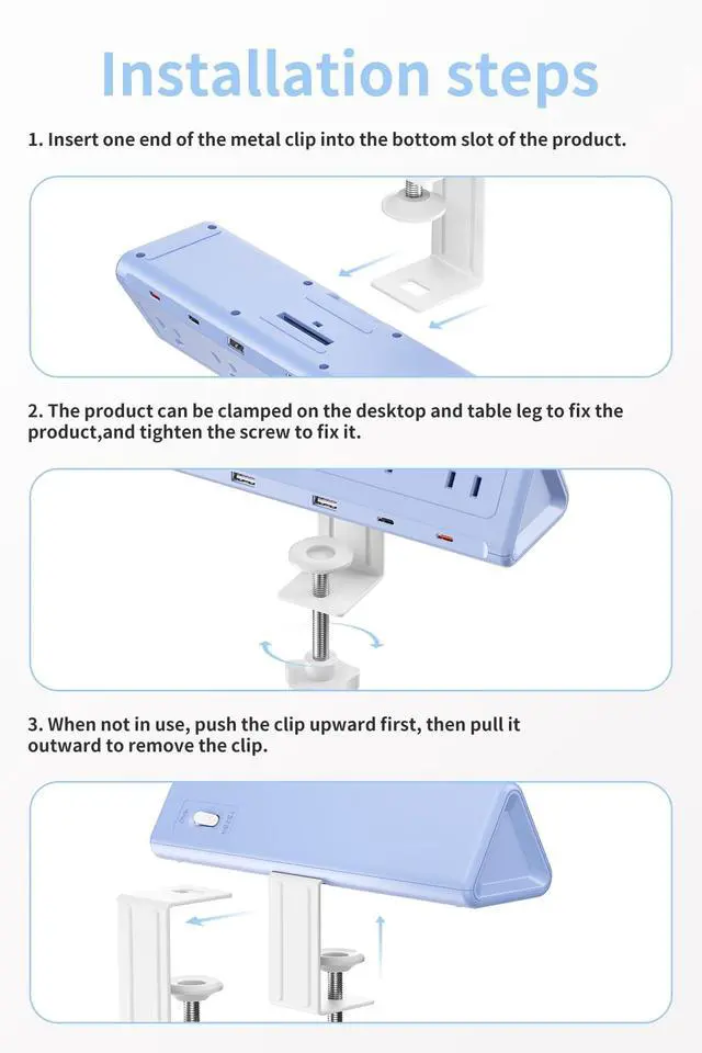 Alt view image 4 of 7 - Blue Desk Clamp Power Strip with 6.5 FT Extension Cord, PD 40W USB-C Fast Charging Ports, 5 AC Outlets 4 USB-C 2 USB-A, Fits 2.1 inch Table Edges
