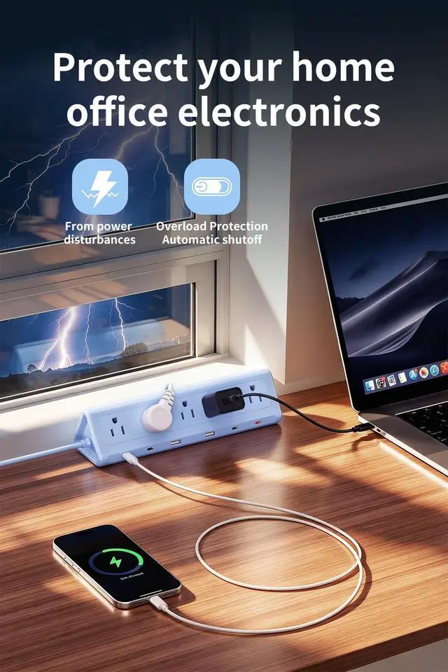Alt view image 7 of 7 - Blue Desk Clamp Power Strip with 6.5 FT Extension Cord, PD 40W USB-C Fast Charging Ports, 5 AC Outlets 4 USB-C 2 USB-A, Fits 2.1 inch Table Edges