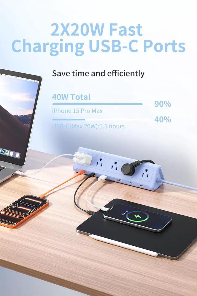 Alt view image 5 of 7 - Blue Desk Clamp Power Strip with 6.5 FT Extension Cord, PD 40W USB-C Fast Charging Ports, 5 AC Outlets 4 USB-C 2 USB-A, Fits 2.1 inch Table Edges