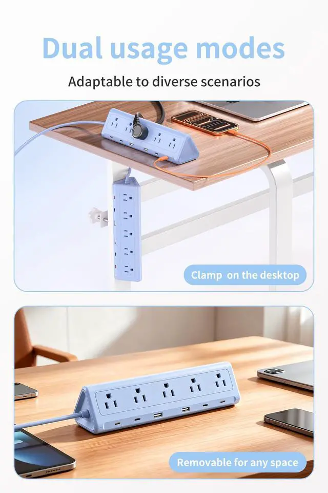 Alt view image 6 of 7 - Blue Desk Clamp Power Strip with 6.5 FT Extension Cord, PD 40W USB-C Fast Charging Ports, 5 AC Outlets 4 USB-C 2 USB-A, Fits 2.1 inch Table Edges